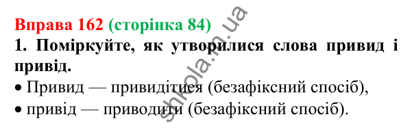 Відповідь до вправи 162 (с. 84) з української мови для 6 класу (Літвінова, 2023): Основні способи словотворення