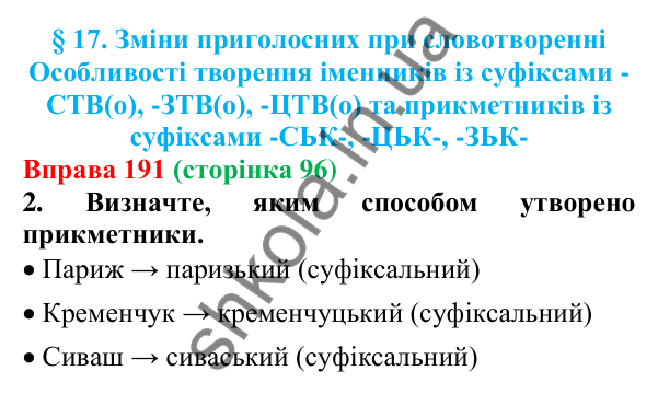 Відповідь до вправи 191 (с. 96) з української мови для 6 класу (Літвінова, 2023): Зміни приголосних при словотворенні