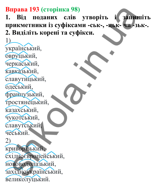 Відповідь до вправи 193 (с. 98) з української мови для 6 класу (Літвінова, 2023): Зміни приголосних при словотворенні