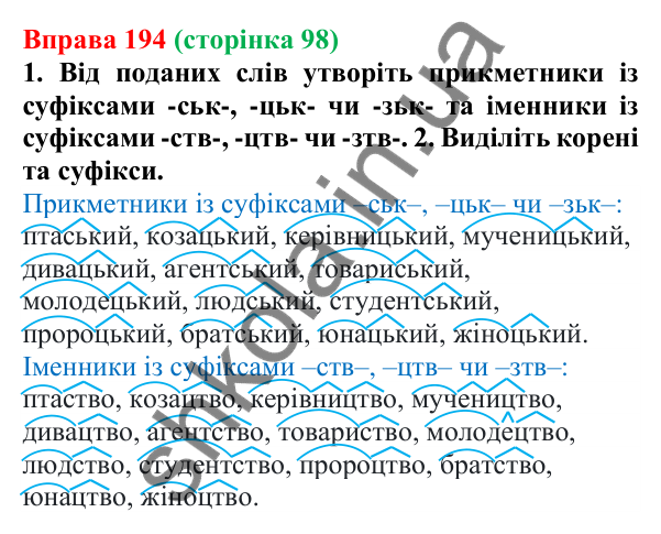 Відповідь до вправи 194 (с. 98) з української мови для 6 класу (Літвінова, 2023): Зміни приголосних при словотворенні