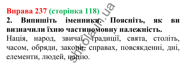 Відповідь до вправи 237 (с. 118) з української мови для 6 класу (Літвінова, 2023): Іменник як частина мови