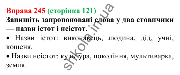 Відповідь до вправи 245 (с. 121) з української мови для 6 класу (Літвінова, 2023): Іменник як частина мови