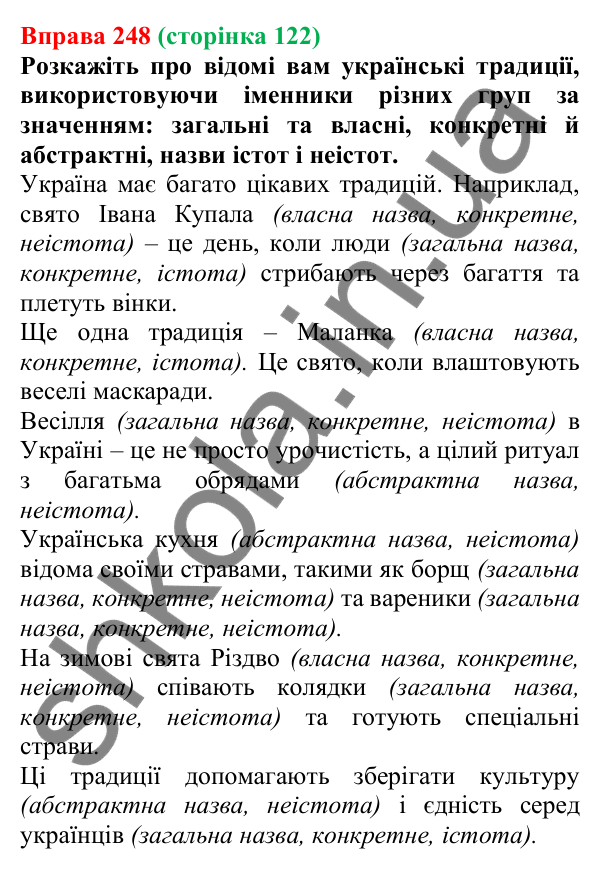 Відповідь до вправи 248 (с. 122) з української мови для 6 класу (Літвінова, 2023): Іменник як частина мови