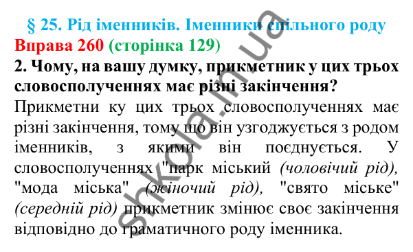 Відповідь до вправи 260 (с. 129) з української мови для 6 класу (Літвінова, 2023): Рід іменників. Іменники спільного...