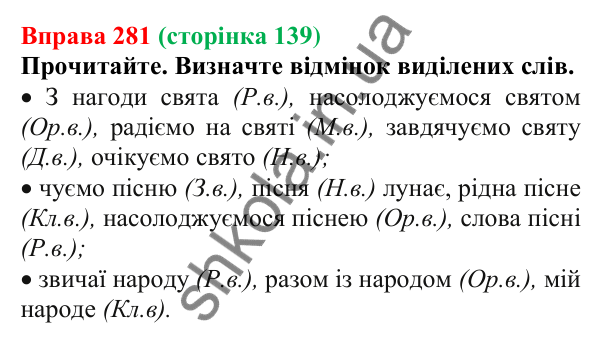 Відповідь до вправи 281 (с. 139) з української мови для 6 класу (Літвінова, 2023): Відмінки іменників