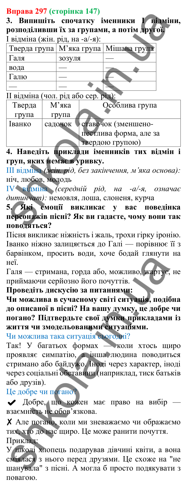 Відповідь до вправи 297 (с. 147) з української мови для 6 класу (Літвінова, 2023): Відміни та групи іменників
