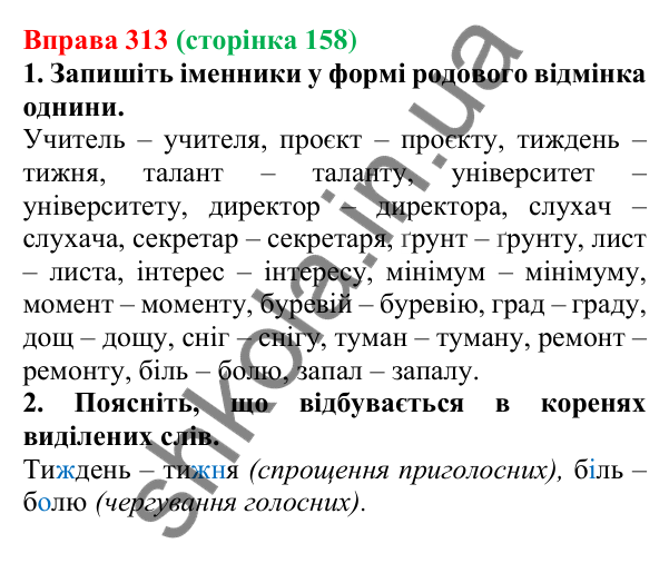 Відповідь до вправи 313 (с. 158) з української мови для 6 класу (Літвінова, 2023): Відмінювання іменників ІІ відміни