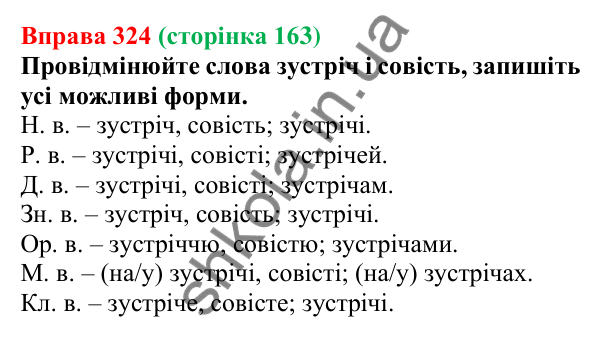 Відповідь до вправи 324 (с. 163) з української мови для 6 класу (Літвінова, 2023): Відмінювання іменників ІІІ відміни