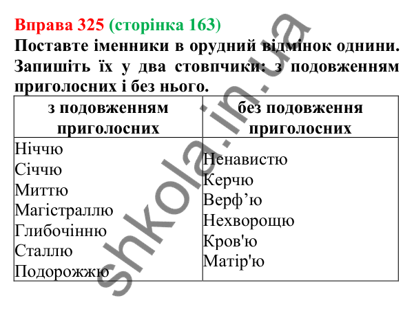 Відповідь до вправи 325 (с. 163) з української мови для 6 класу (Літвінова, 2023): Відмінювання іменників ІІІ відміни