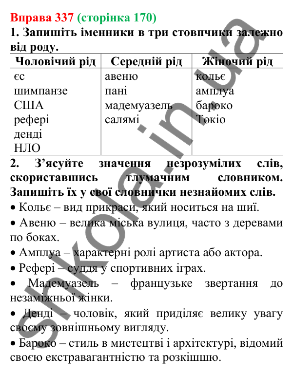 Відповідь до вправи 337 (с. 170) з української мови для 6 класу (Літвінова, 2023): Рід незмінюваних іменників
