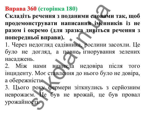 Відповідь до вправи 360 (с. 180) з української мови для 6 класу (Літвінова, 2023): НЕ з іменниками