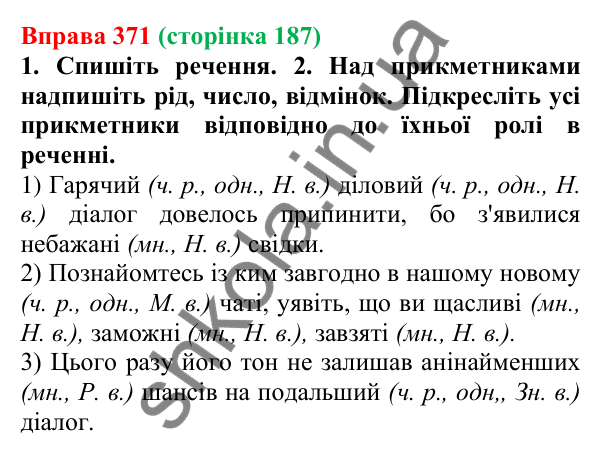 Відповідь до вправи 371 (с. 187) з української мови для 6 класу (Літвінова, 2023): Прикметник як частина мови