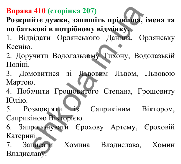 Відповідь до вправи 410 (с. 207) з української мови для 6 класу (Літвінова, 2023): Відмінювання прізвищ...