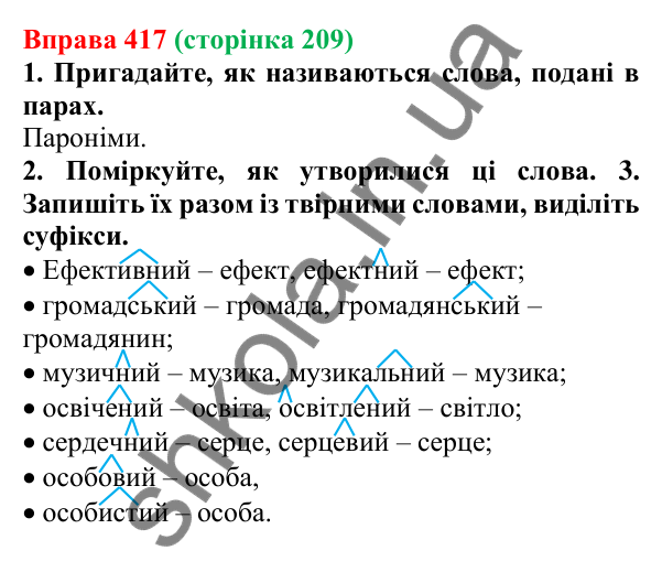 Відповідь до вправи 417 (с. 209) з української мови для 6 класу (Літвінова, 2023): Творення прикметників. Написання...