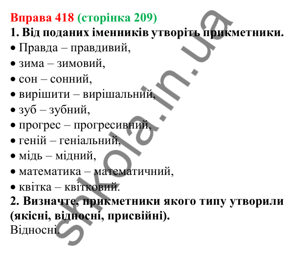 Відповідь до вправи 418 (с. 209) з української мови для 6 класу (Літвінова, 2023): Творення прикметників. Написання...
