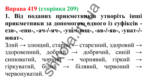 Відповідь до вправи 419 (с. 209) з української мови для 6 класу (Літвінова, 2023): Творення прикметників. Написання...