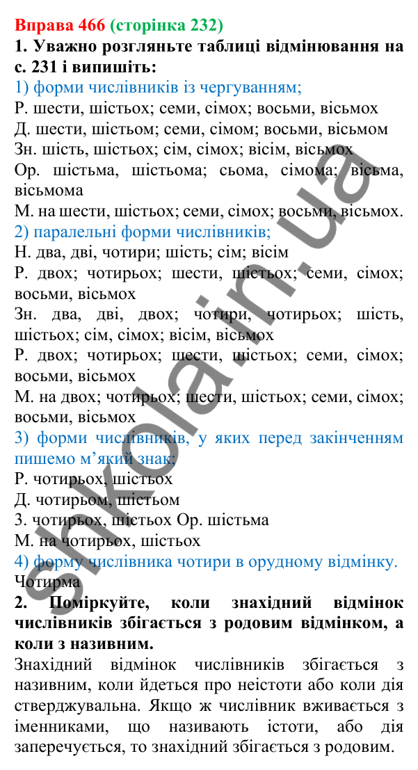 Відповідь до вправи 466 (с. 232) з української мови для 6 класу (Літвінова, 2023): Відмінювання числівників