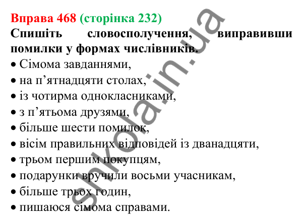 Відповідь до вправи 468 (с. 232) з української мови для 6 класу (Літвінова, 2023): Відмінювання числівників