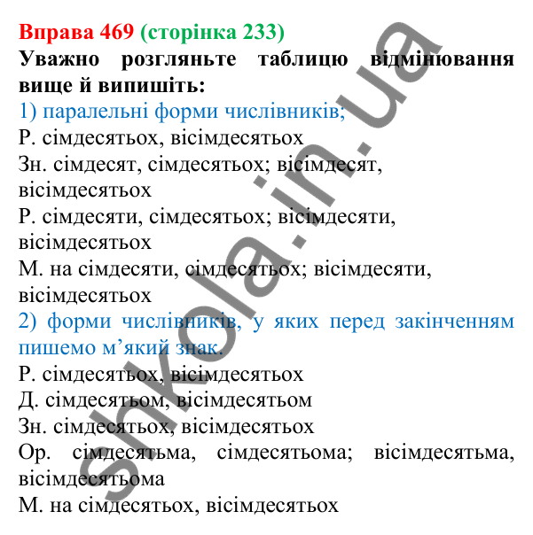 Відповідь до вправи 469 (с. 233) з української мови для 6 класу (Літвінова, 2023): Відмінювання числівників