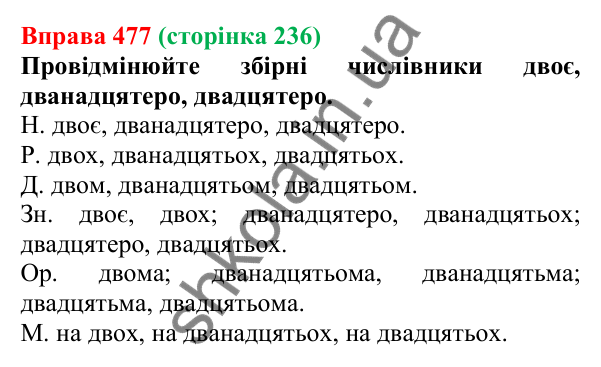 Відповідь до вправи 477 (с. 236) з української мови для 6 класу (Літвінова, 2023): Відмінювання числівників