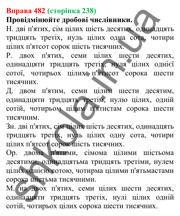 Відповідь до вправи 482 (с. 238) з української мови для 6 класу (Літвінова, 2023): Відмінювання числівників