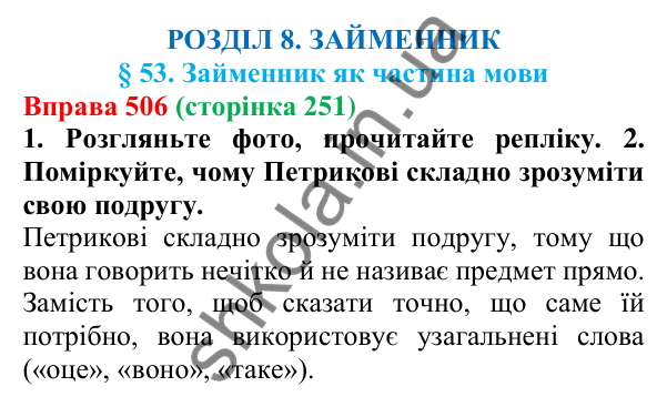 Відповідь до вправи 506 (с. 251) з української мови для 6 класу (Літвінова, 2023): Займенник як частина мови
