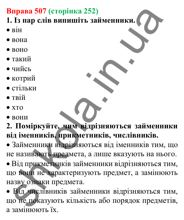 Відповідь до вправи 507 (с. 252) з української мови для 6 класу (Літвінова, 2023): Займенник як частина мови