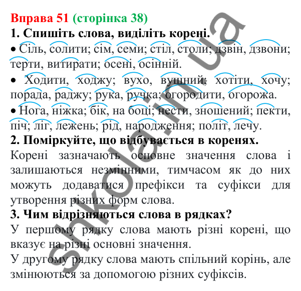 Відповідь до вправи 51 (с. 38) з української мови для 6 класу (Літвінова, 2023): Будова слова. Корінь слова....