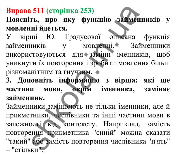 Відповідь до вправи 511 (с. 253) з української мови для 6 класу (Літвінова, 2023): Займенник як частина мови