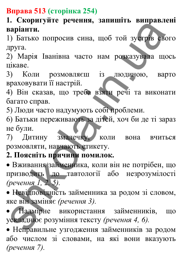 Відповідь до вправи 513 (с. 254) з української мови для 6 класу (Літвінова, 2023): Займенник як частина мови