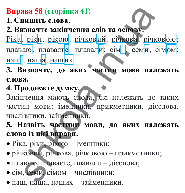 Відповідь до вправи 58 (с. 41) з української мови для 6 класу (Літвінова, 2023): Незмінні й змінні слова. Основа та...