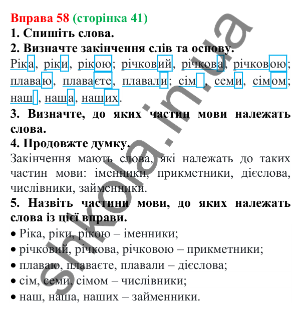 Вправа 58 Відповідь до вправи 58 (с. 41) з української мови для 6 класу (Літвінова, 2023): Незмінні й змінні слова. Основа та...
