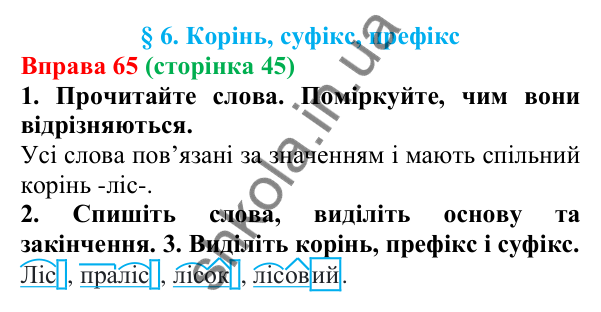 Відповідь до вправи 65 (с. 45) з української мови для 6 класу (Літвінова, 2023): Корінь, суфікс, префікс