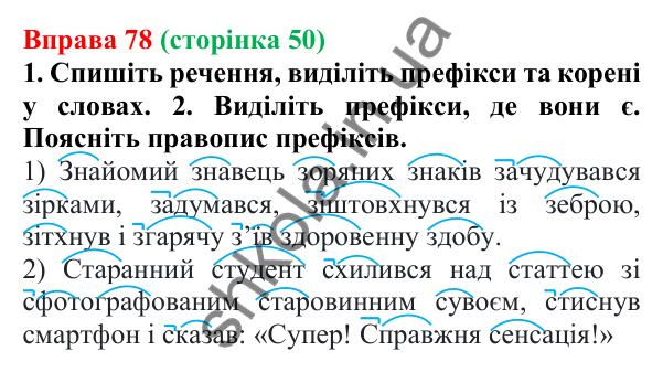Відповідь до вправи 78 (с. 50) з української мови для 6 класу (Літвінова, 2023): Написання префіксів З-, ЗІ-, С-