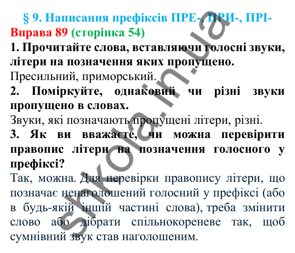 Відповідь до вправи 89 (с. 54) з української мови для 6 класу (Літвінова, 2023): Написання префіксів ПРЕ-, ПРИ-, ПРІ-