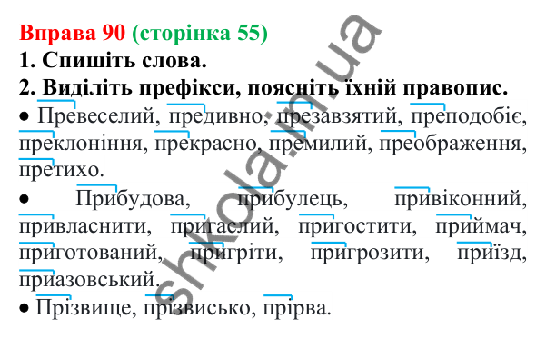 Відповідь до вправи 90 (с. 55) з української мови для 6 класу (Літвінова, 2023): Написання префіксів ПРЕ-, ПРИ-, ПРІ-