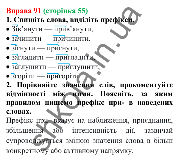 Відповідь до вправи 91 (с. 55) з української мови для 6 класу (Літвінова, 2023): Написання префіксів ПРЕ-, ПРИ-, ПРІ-