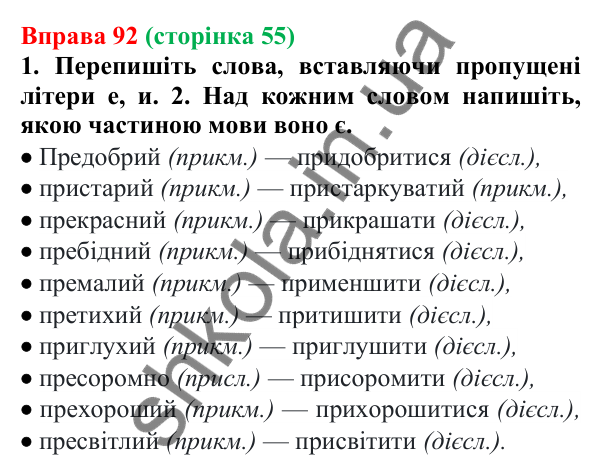 Відповідь до вправи 92 (с. 55) з української мови для 6 класу (Літвінова, 2023): Написання префіксів ПРЕ-, ПРИ-, ПРІ-