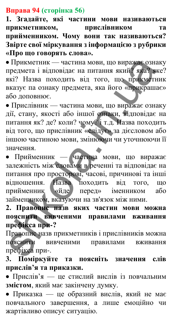 Відповідь до вправи 94 (с. 56) з української мови для 6 класу (Літвінова, 2023): Написання префіксів ПРЕ-, ПРИ-, ПРІ-