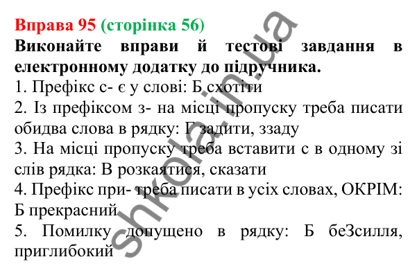 Відповідь до вправи 95 (с. 56) з української мови для 6 класу (Літвінова, 2023): Написання префіксів ПРЕ-, ПРИ-, ПРІ-