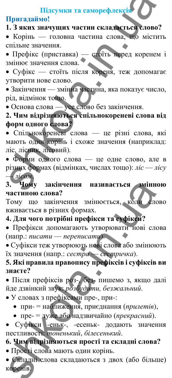 Підсумки та саморефлексія (с. 75) з української мови для 6 класу (Літвінова, 2023): Розділ 2. Будова слова. Орфографія