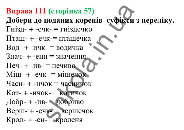 Відповідь до вправи 111 (с. 57) з української мови для 6 класу (Онатій, 2023): Будова слова. Орфографія. Узагальнення