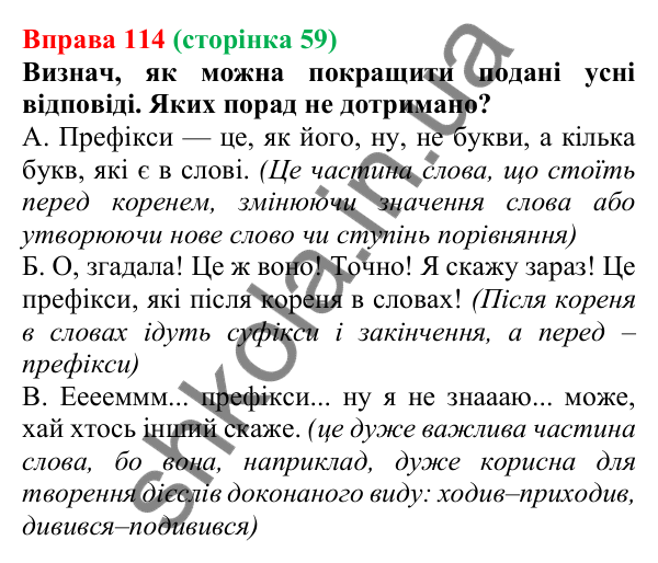 Відповідь до вправи 114 (с. 59) з української мови для 6 класу (Онатій, 2023): Відповідь на уроці. Структура відповіді