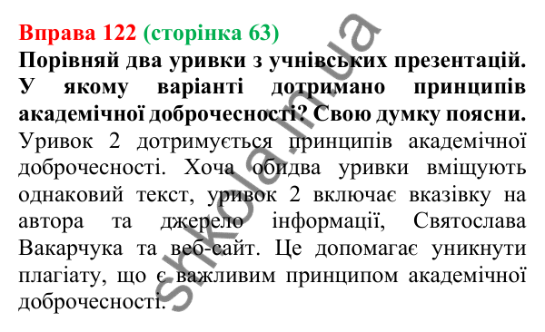 Відповідь до вправи 122 (с. 63) з української мови для 6 класу (Онатій, 2023): Поняття академічної доброчесності