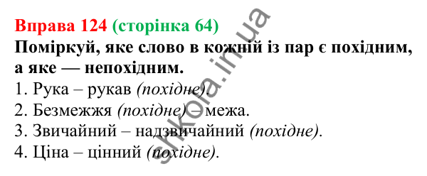 Відповідь до вправи 124 (с. 64) з української мови для 6 класу (Онатій, 2023): Змінювання і творення слів. Твірне...