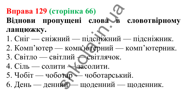 Відповідь до вправи 129 (с. 66) з української мови для 6 класу (Онатій, 2023): Змінювання і творення слів. Твірне...