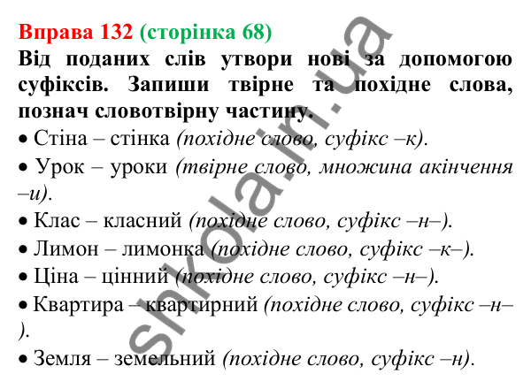 Відповідь до вправи 132 (с. 68) з української мови для 6 класу (Онатій, 2023): Основні способи словотворення