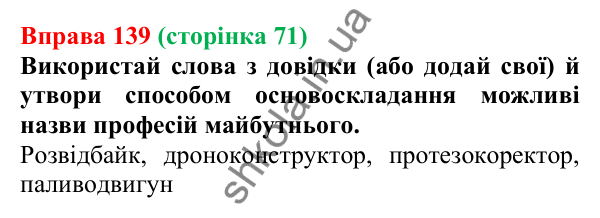 Відповідь до вправи 139 (с. 71) з української мови для 6 класу (Онатій, 2023): Основні способи словотворення