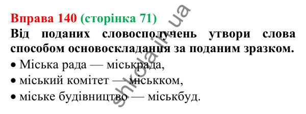 Відповідь до вправи 140 (с. 71) з української мови для 6 класу (Онатій, 2023): Основні способи словотворення