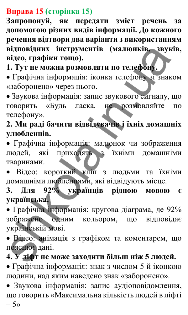 Відповідь до вправи 15 (с. 15) з української мови для 6 класу (Онатій, 2023): Види інформації. Джерела інформації....